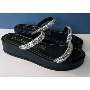 Bachata Women Black Chunky Embellish Jewel Slide‎ On Sandals Shoes Size 6.5 (38)